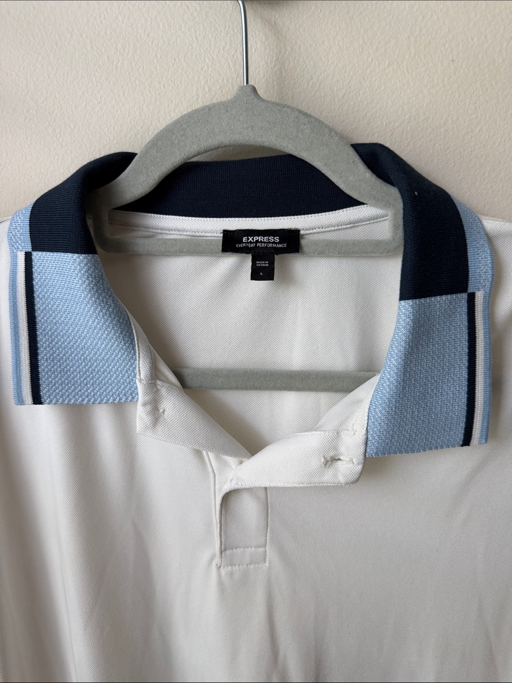 Express Men’s White Polo with Navy and Light Blue Contrast Collar